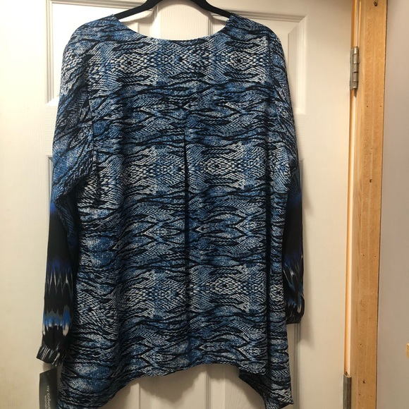Ny Collection Blue & Black Animal Print Roll Tab Long Sleeve Blouse L - Picture 2 of 3